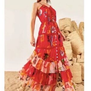 FARM Rio Mixed Fruit Oceans Midi Dress Small Red Ruffles Button Front